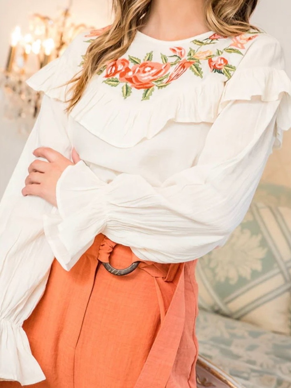 Embroidered THML blouse with ruffles